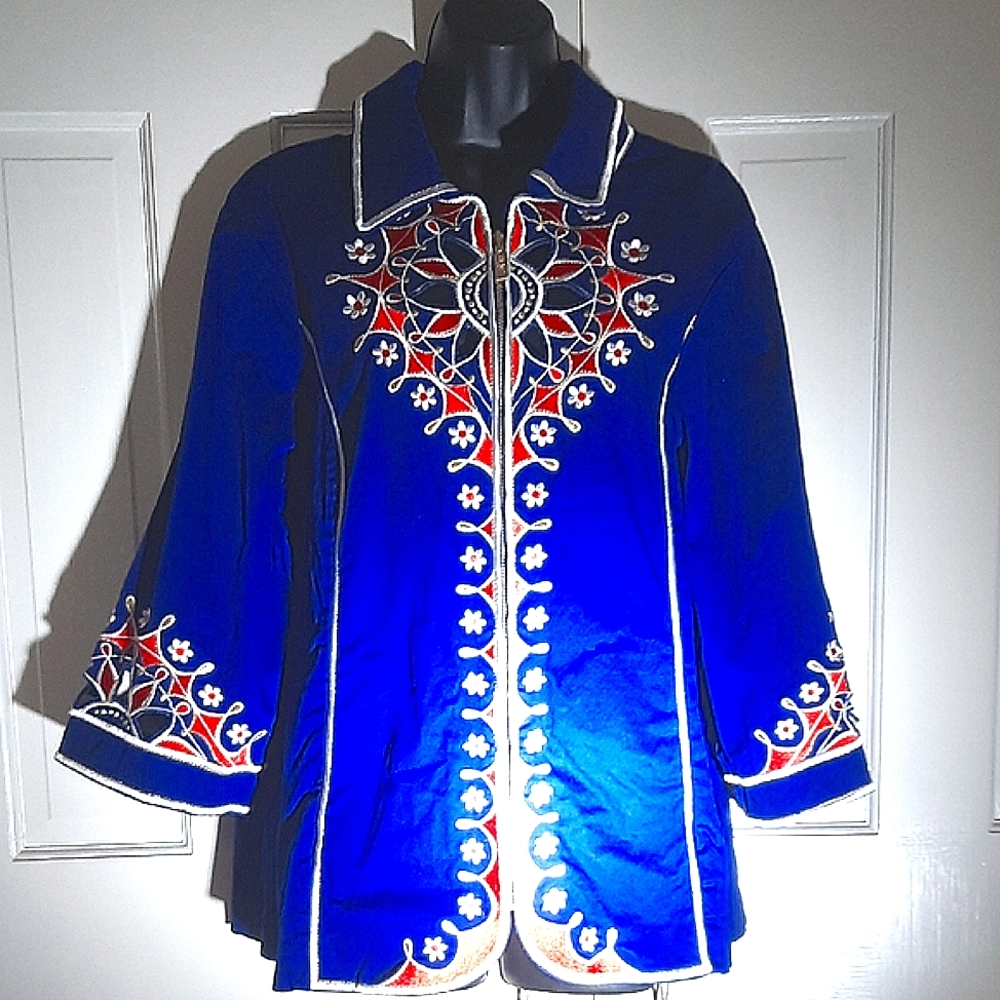 Blue Embroidered Women's Jacket - BOB MACKIE WEARABKE ART - Size:XL